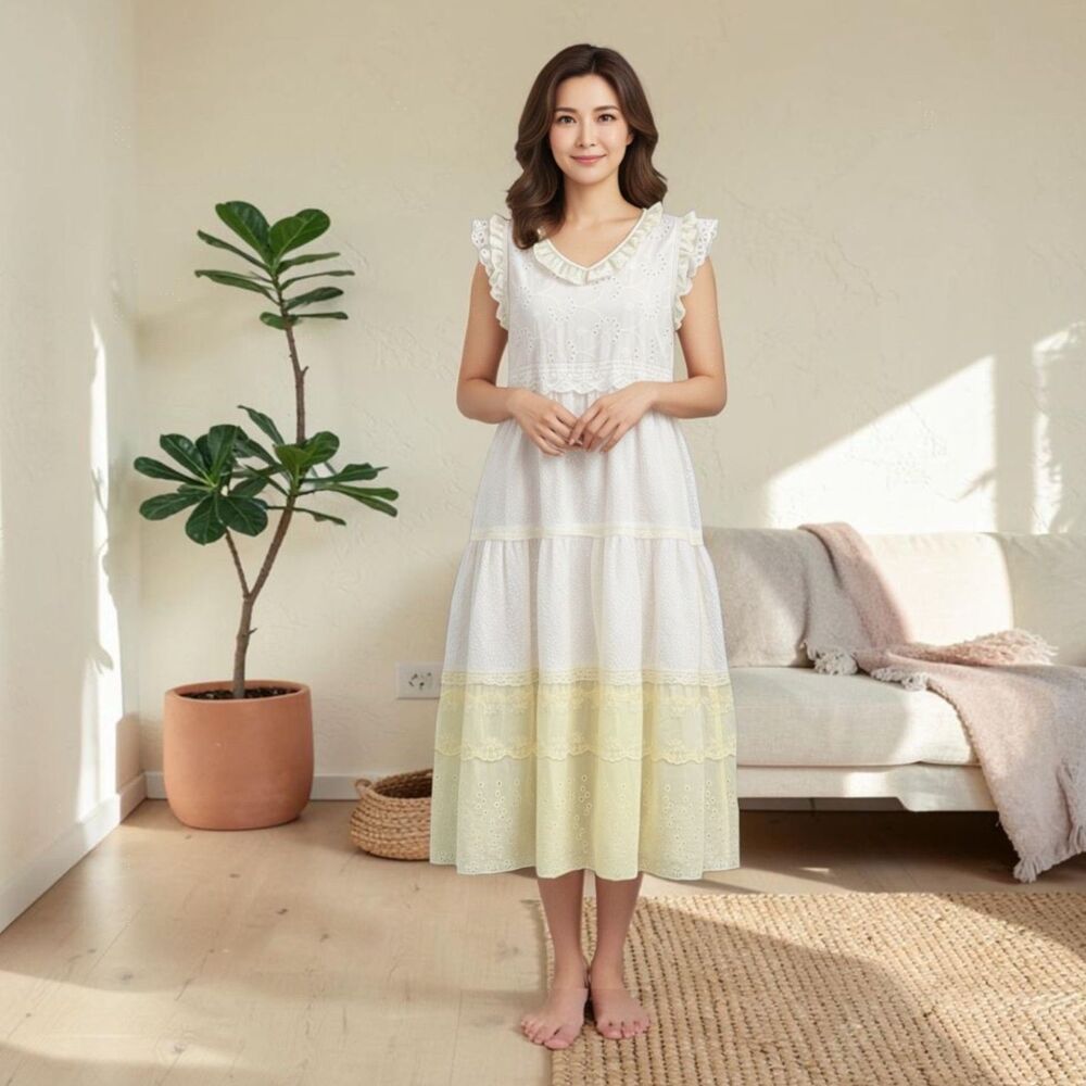 Pale yellow Upcycled shabby chic eyelet Boho Prairie dress with 3 tiers, size M